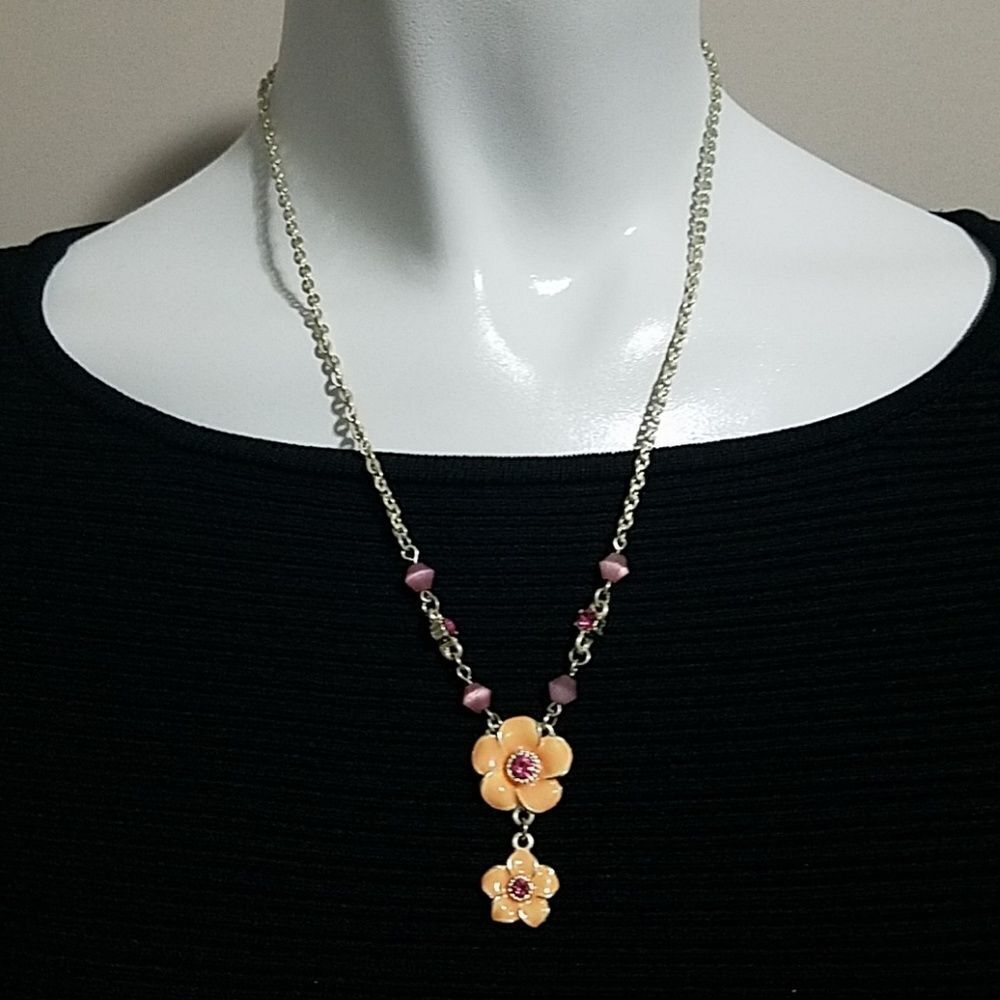 Orange & Pink Flower & Cat's Eye Necklace (21")